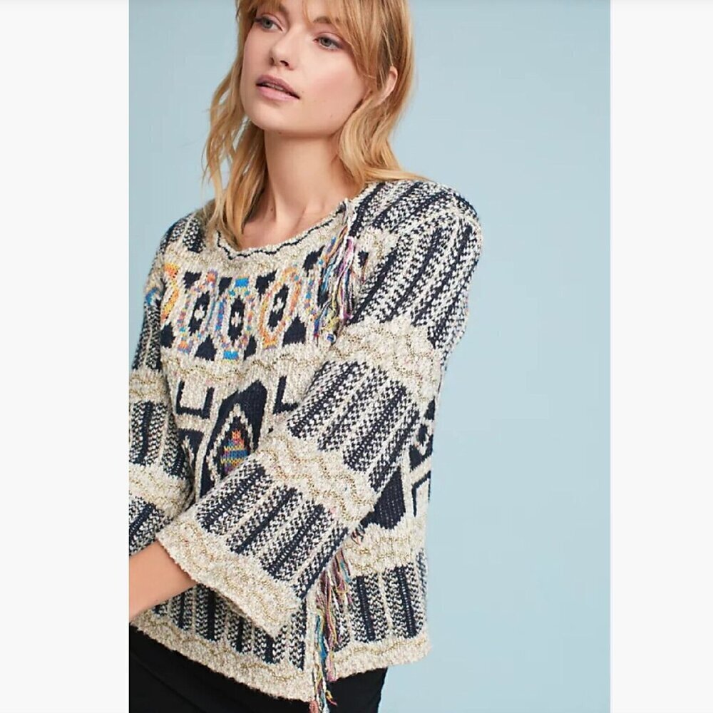 Moth Anthropologie Spectra Fringe Cardigan X-Small Boho - Gold Metallic Thread